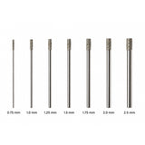 Seven metallic rotary burr bits in ascending size order, labeled 0.75 mm, 1.